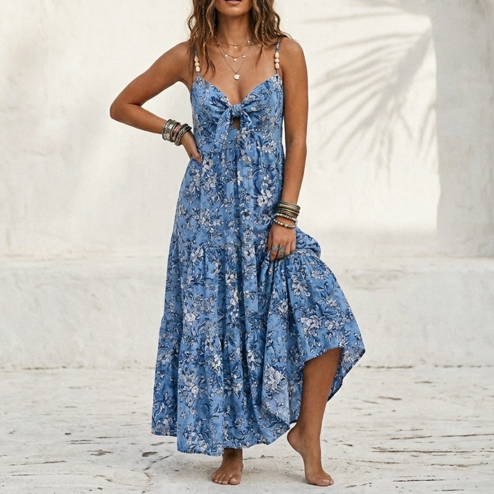 Linen HOUSE OF HARLOW Boho Dune Maxi Tiered Sun Dress Floral Beachside NWT L